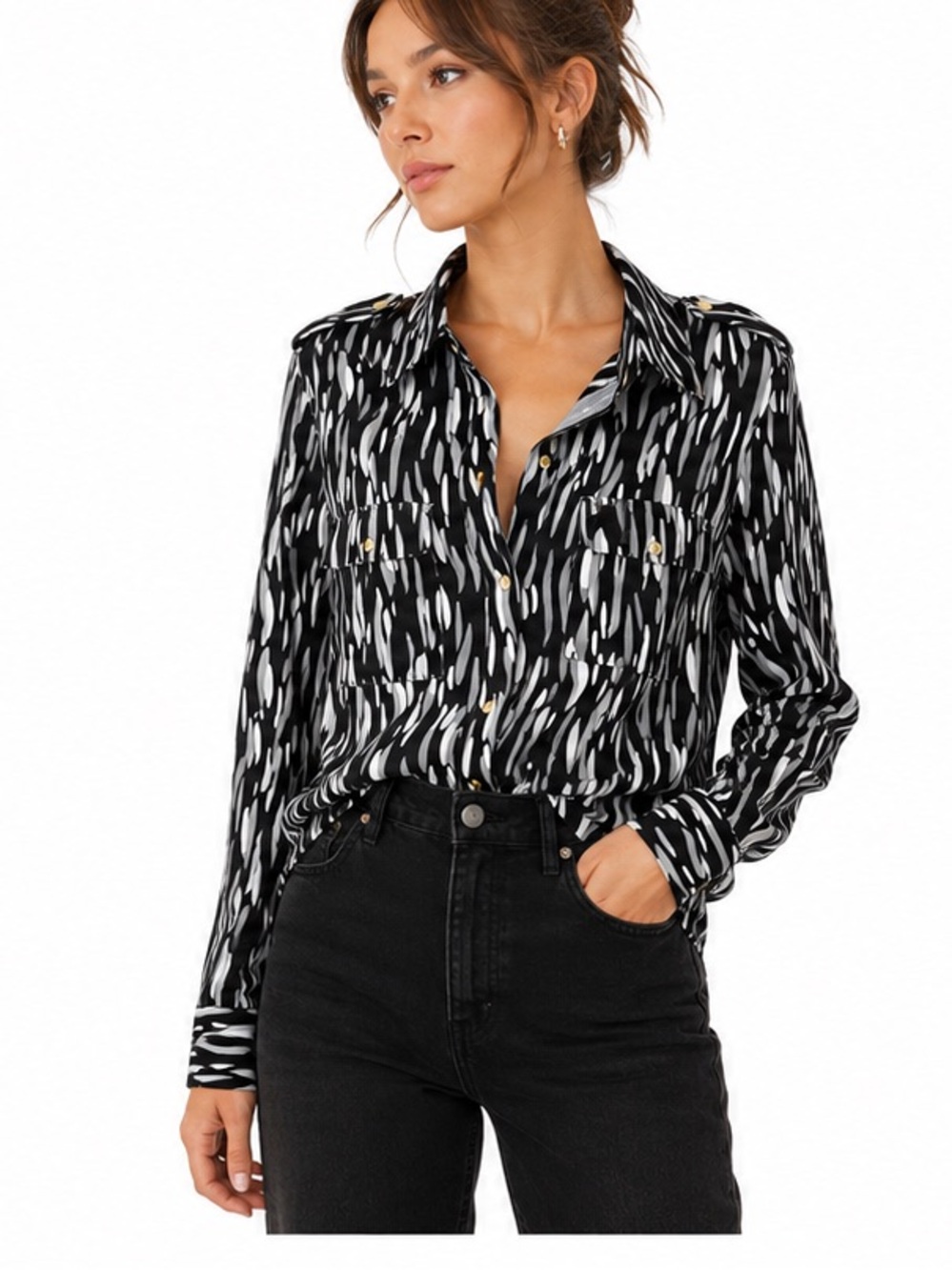 BCBGMAXAZRIA Black White Abstract Print Button Front Blouse Gold Hardware L